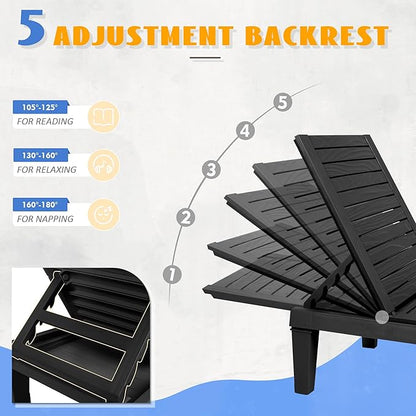 Outdoor Chaise Lounge Chairs Set of 4, 5-Position Adjustable Heavy Duty Tanning Loungers with Wood Texture, All-Weather Resin Patio Recliners for Pool, Garden, Deck, Beach, Black