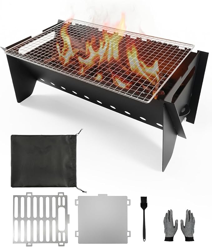 Camping Grill Portable Folding Charcoal Grills with Griddle Grill Grate and Wire Mesh, Compact Picnic BBQ Set for Outdoor Cooking Backyard Tailgating, Easy Setup Camp Gear