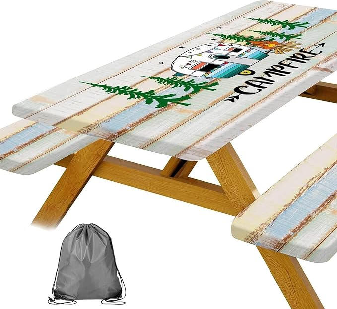 JAWO Rustic Camper Picnic Table Cover with Bench Covers, Flowes Boho Floral Camping RV Essentials Gear Supplies Outdoor Waterproof Windproof Tablecloth with Elastic, 72in
