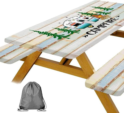 JAWO Rustic Camper Picnic Table Cover with Bench Covers, Flowes Boho Floral Camping RV Essentials Gear Supplies Outdoor Waterproof Windproof Tablecloth with Elastic, 72in