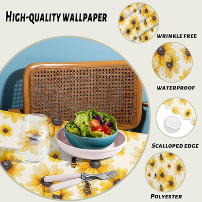 Summer Table Cloth Rectangle Tables Yellow Sunflower Bumble Bee White Fall Rectangle Table Cover Anti-Oil Tablecloth for Dining Tables, Parties, Wedding and Banquet Decoration 52" x 70" 4-6 Seats