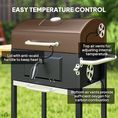 Charcoal BBQ Grill, Portable Barbecue Grill for Camping or Backyard Picnic with Side Table, Bottom Storage Shelf, Wheels and Handle, Black