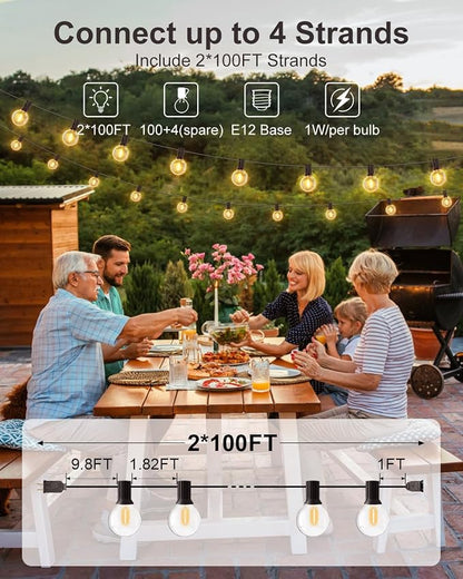 GLUROO 200FT(100FT*2PC) Outdoor String Lights, G40 LED Patio Lights with 100+4 Bulbs, Waterproof Shatterproof Dimmable Globe Hanging Outdoor Patio Lights Cafe, Bistro Outside Lights for Patio