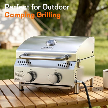 Veralune 2 Burner Tabletop Gas Grill, 22,000 BTUs Stainless Steel Portable Propane Grill with Legs, Built-in Thermometer, Travel Locks for Tailgating, Outdoor, Camping, RV Trips