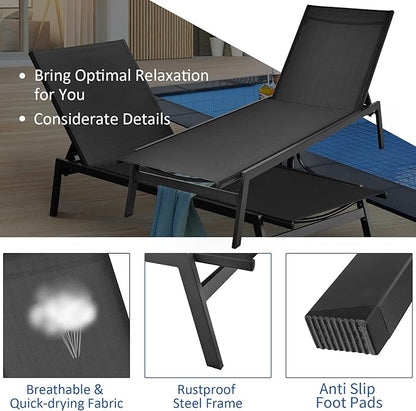 Tangkula Outdoor Chaise Lounge Chair Set of 2, 6-Position Adjustable Reclining Chair with Breathable Fabric and Heavy Duty Steel Frame, Patio Lounge Chair for Garden, Backyard and Poolside (2, Black)