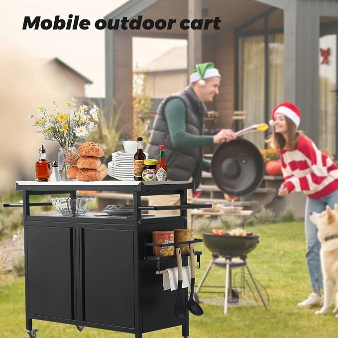 Outdoor Grill Cart Bar Cart with Storage Cabinet for Grilling Accessories