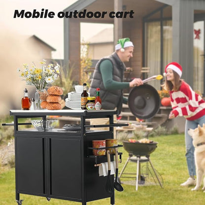 Outdoor Grill Cart Bar Cart with Storage Cabinet for Grilling Accessories