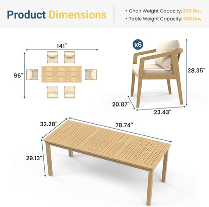 FansaFurn 7 Pieces Acacia Outdoor Patio Table and Chairs Set for All-Weather, Outside Furniture with Table Umbrella Hole and Removable Cushion for 6, Outdoor Furniture Set for Garden, Patio, Beige
