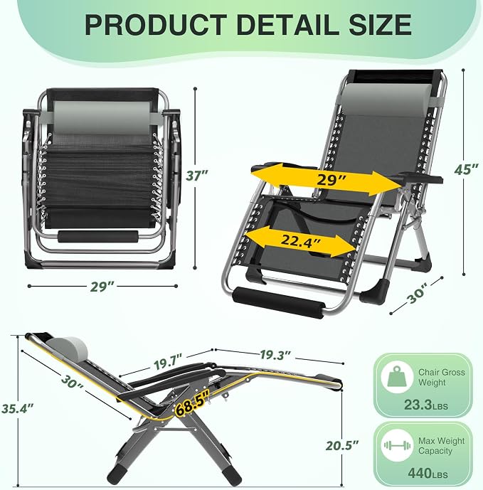 Suteck Oversized Zero Gravity Chair, 29" XL Reclining Lounge Chairs | With Removable Cushion&Headrest, Upgraded Lock and Footrest, Reclining Patio Recliner for Indoor Outdoor