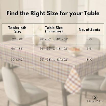 Gingham Check Tablecloth, 60"x84", 100% Cotton, Washable, Reusable Everyday Dining Table Linen Cover for Holidays, Parties, Burgundy Wine - Brown - Mustard Yellow & Natural Plaid