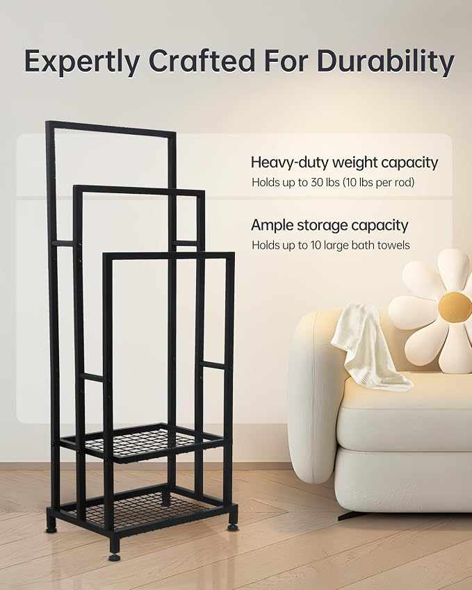 ZOES HOMEWARE Heavy Duty Pool Towel Rack for Outdoor | 3 Tier Free Standing Towel Rack with 2 Storage Shelves | Anti-Rust Stand Rack for Outdoor,Pool &Bathroom | Black, 41"x16"x12"