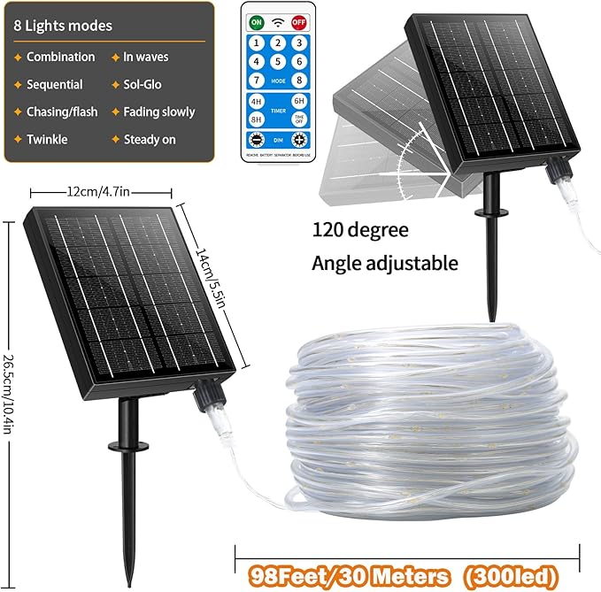 LairtPOW Larger Tube Solar Rope Lights with Remote,98FT 300LEDs Outdoor Solar Strip Lights,IP67 Waterproof USB Charging Solar String Lights, Timing & 8 Modes Fairy Light for Garden Tree (Warm White)