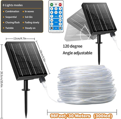 LairtPOW Larger Tube Solar Rope Lights with Remote,98FT 300LEDs Outdoor Solar Strip Lights,IP67 Waterproof USB Charging Solar String Lights, Timing & 8 Modes Fairy Light for Garden Tree (Warm White)