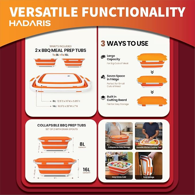 Collapsible BBQ Prep Tub with Cutting Board Lid (8L) - Extra Large Meat Marinating Container & Marinade Tray for Grilling, Smoker, Brisket - Portable Camping Food Prep Station (Gray)