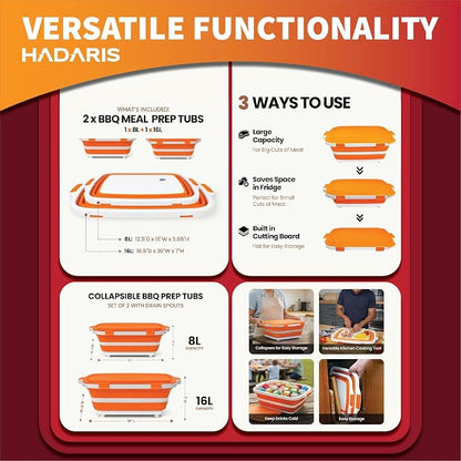 Collapsible BBQ Prep Tub with Cutting Board Lid (8L) - Extra Large Meat Marinating Container & Marinade Tray for Grilling, Smoker, Brisket - Portable Camping Food Prep Station (Gray)