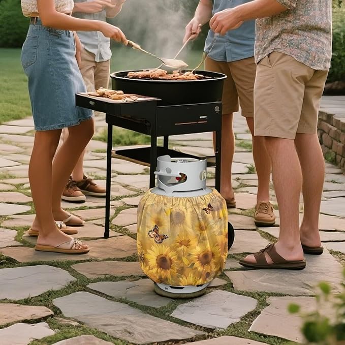 Sunflower Butterfly Propane Tank Cover Fits Standard 20 lb Tank Cylinde Travel Trailer Propane Covers with Elastic Slip in Gas Cover Water & Wear-Resistant for Outdoor and Indoor Use