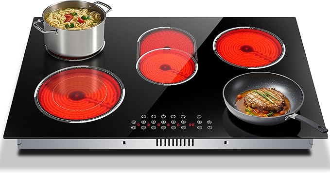 30 Inch Electric Cooktop, Built-in 5 Burner Electric Stovetop 8400W for Big Family Cooking & Feasts, 30" Glass Ceramic Cook Top with Oval Expanded Zone, Child Lock, Timer, 220V No Plug