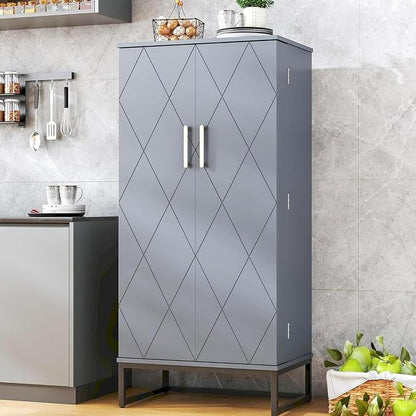 kepptory 51" Pantry Cabinet with Diamond-Patterned Doors and Golden Handles, Freestanding Kitchen Storage Cabinet with 17 Shelves, Tall Metal Base, Adjustable Feet, Grey