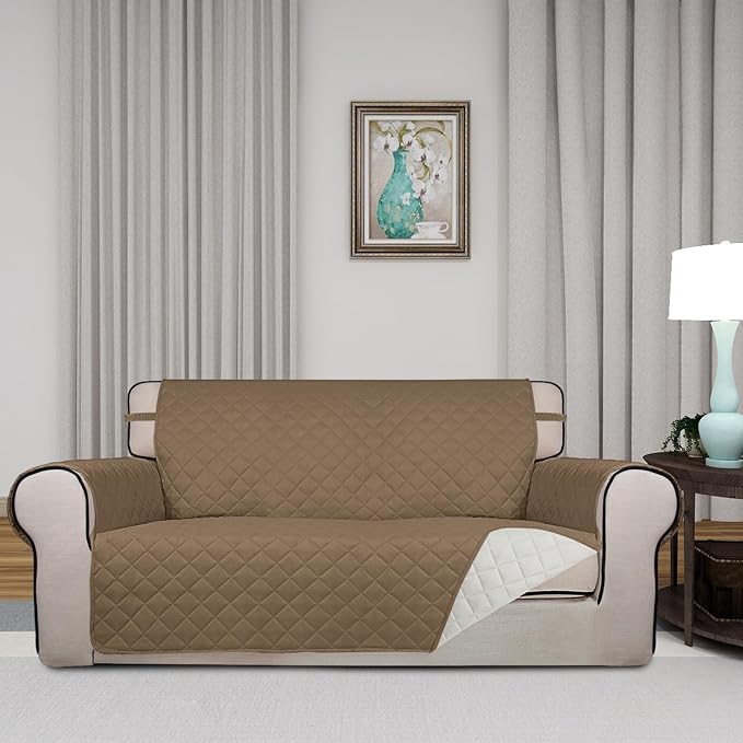 PureFit Reversible Quilted Couch Covers for Dogs Loveseat Sofa Cover 54" | Camel/Ivory, Water Resistant Couch Protector, Washable Pet Couch Cover with Non Slip and Elastic Straps For Kids