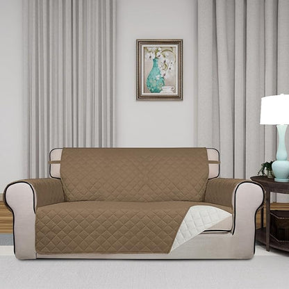 PureFit Reversible Quilted Couch Covers for Dogs Loveseat Sofa Cover 54" | Camel/Ivory, Water Resistant Couch Protector, Washable Pet Couch Cover with Non Slip and Elastic Straps For Kids
