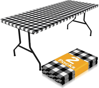 Smiry Picnic Table Cloth 2 Pack, Waterproof Elastic Fitted Tablecloths for 36x72 Rectangle Tables, Washable Polyester Buffalo Plaid Tablecloth for Camping, Dining & Outdoor (Black & White, 36" x 72")