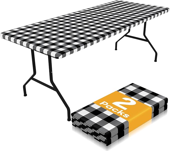Smiry Picnic Table Cloth 2 Pack, Waterproof Elastic Fitted Tablecloths for 18x72 Rectangle Tables, Washable Polyester Buffalo Plaid Tablecloth for Camping, Dining & Outdoor (Black & White, 18" x 72")