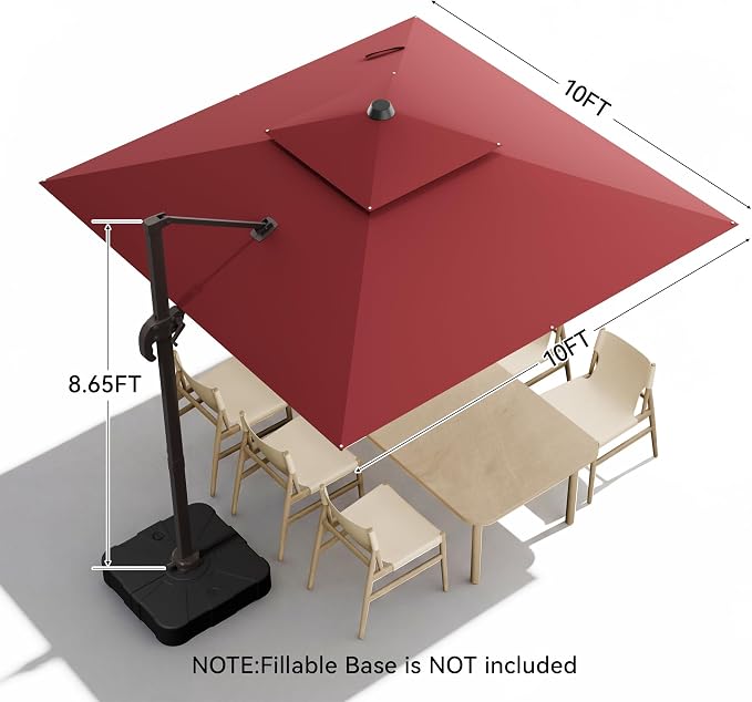 10x10FT Cantilever Outdoor Patio Umbrellas，Double Top Large Square Umbrella Heavy Duty 360°Rotation Offset Outdoor Sun Shade Umbrella for Garden Deck Pool Backyard Patio, Red