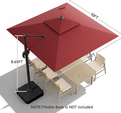 10x10FT Cantilever Outdoor Patio Umbrellas，Double Top Large Square Umbrella Heavy Duty 360°Rotation Offset Outdoor Sun Shade Umbrella for Garden Deck Pool Backyard Patio, Red