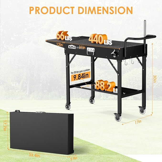 Grill Cart for Blackstone Griddle, Portable Outdoor Grill Table | Foldable Cart Table with Wheels for Ninja, Griddle Stand Fit 17 Inch Or 22 Inch, BBQ Prep Tables with Seasoning Tray