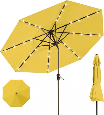 10FT Solar Umbrella 32 LED Lighted Patio Umbrella Table Market Umbrella w/Tilt and Crank, UV-Resistant Outdoor Umbrella for Pool, Garden, Deck, Sunshine Yellow