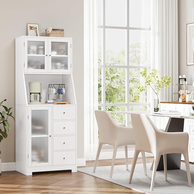 BOTLOG 64'' Kitchen Pantry Storage Cabinet, Tall Kitchen Storage Cabinet with Microwave Stand, Hutch Cabinet with Adjustable Shelves, for Dining Room (White) | Save Space, Microwave Stand, Hutch Cabinet for Dining Room, Kitchen, Modern White