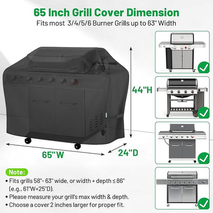 Grill Cover 65 Inch, Waterproof Barbecue Gas BBQ Grill Cover for Weber, Char-Broil, Nexgrill 3-6 Burner Grill, Heavy Duty High Density Material, All Weather Protection, Black