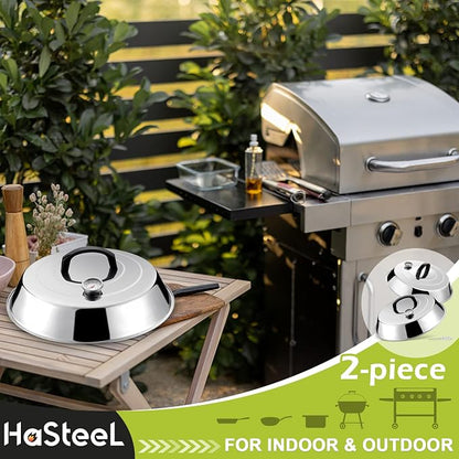 HaSteeL 12Inch Melting Dome for Griddle, Stainless Steel Basting Cover with Thermometer, Large Round Steaming Cover Lid for Flat Top Teppanyaki BBQ Camping Cooking Grilling, Indoor & Outdoor (2 Piece)