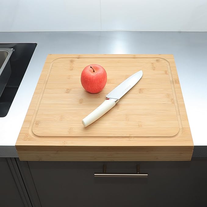 BAMOTTO CRAFTBAMBOO Large Bamboo Cutting Board 17.7"x15.8", Reversible Dual-Sided Juice Grooves, Detachable Front Lip for Counter Stability, Sink & Stovetop Cover
