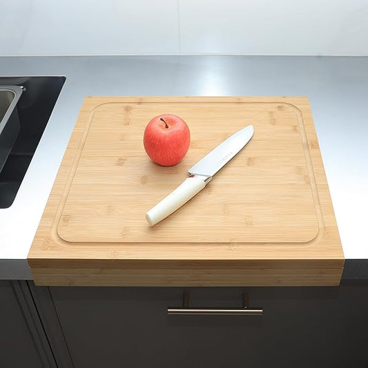 BAMOTTO CRAFTBAMBOO Large Bamboo Cutting Board 17.7"x15.8", Reversible Dual-Sided Juice Grooves, Detachable Front Lip for Counter Stability, Sink & Stovetop Cover