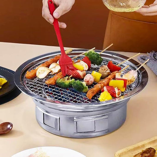 Portable Korean Style Stainless-Steel Barbecue Grill, Charcoal BBQ Round Grill Stove for Outdoor Camping, Picnicking & Parties 1~4 People, 13.8" DIA