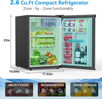 COWSAR 2.6 Cu.Ft Mini Fridge with Freezer, Quiet Reversible Door Compact Refrigerator, Small Refrigerator with 2 Removable Shelves, Adjustable Thermostat, for Office, Bedroom, Dorm, Silver