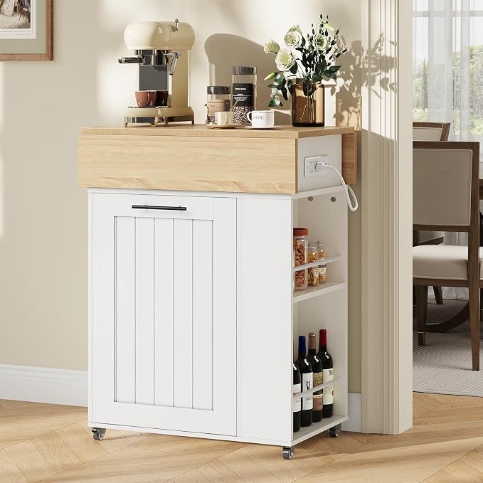 HOOBRO Kitchen Island with Trash Can Storage, Rolling Kitchen Island with Drop Leaf Countertop, Island Table with Power Outlet & Spice Rack, for 10 Gallon Garbage Bin, White and Natural WN33UZD01