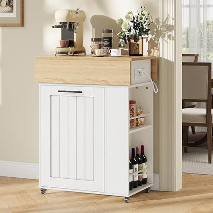 HOOBRO Kitchen Island with Trash Can Storage, Rolling Kitchen Island with Drop Leaf Countertop, Island Table with Power Outlet & Spice Rack, for 10 Gallon Garbage Bin, White and Natural WN33UZD01