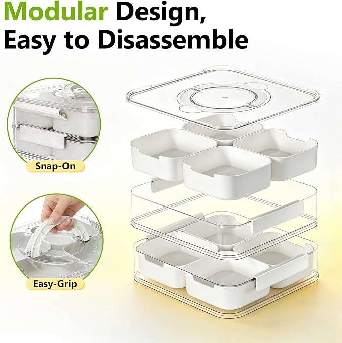 2-Tier Stackable Snackle Box Container, Divided Serving Tray with Lid and Handle, BPA-Free Plastic Food Organizer for Fruit, Veggies, Spices, Portable for Picnic, Party, Kitchen Countertop