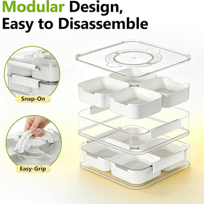 2-Tier Stackable Snackle Box Container, Divided Serving Tray with Lid and Handle, BPA-Free Plastic Food Organizer for Fruit, Veggies, Spices, Portable for Picnic, Party, Kitchen Countertop