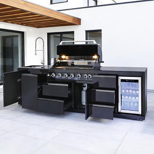 114" Outdoor Kitchen Island with Grill, 6-Burner 83,500 BTU Propane BBQ Island, Refrigerator, Sink with Trash Can Holder & 3-Drawer Cabinet, for Backyard and Patio Cooking, Black