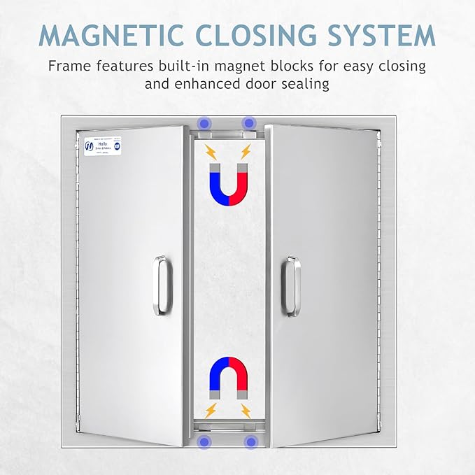 Hally BBQ Access Door 24" W x 24" H of 304 Stainless Steel Double Doors with 2 Detachable Handles and 4 Hooks, Outdoor Kitchen Doors for BBQ Island, Grilling Station, Outdoor Cabinet