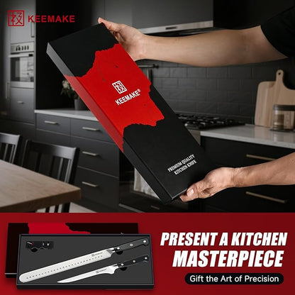 KEEMAKE Carving Knife Set with Sharpener, German High Carbon Steel, Ergonomic Full Tang Handle, Slicing & Boning Kitchen Knives for Meat Turkey BBQ and Brisket