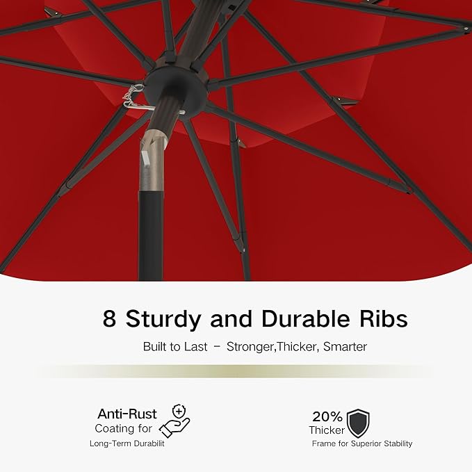 Kingdura 9ft 3-Tier Patio Umbrella, Outdoor Table Umbrella with Easy Crank & Tilt, 8 Reinforced Ribs, UV Protection for Deck, Pool, Market, Backyard (Red)