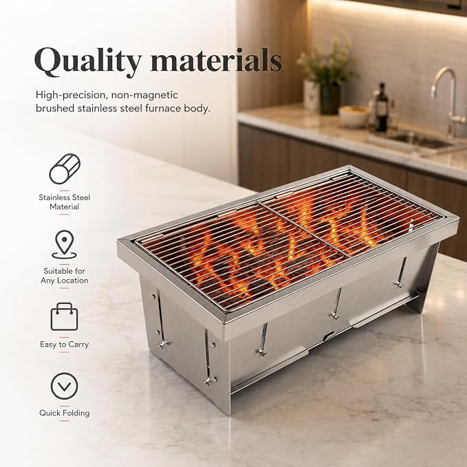 Portable Stainless Steel Charcoal Grill, Foldable Tabletop BBQ Grill for Camping, Backpacking, Hiking, Picnic - Ultra Compact & Lightweight
