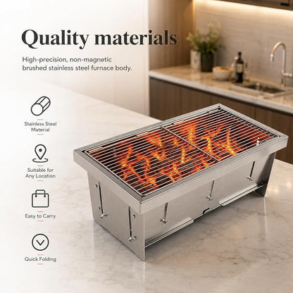 Portable Stainless Steel Charcoal Grill, Foldable Tabletop BBQ Grill for Camping, Backpacking, Hiking, Picnic - Ultra Compact & Lightweight