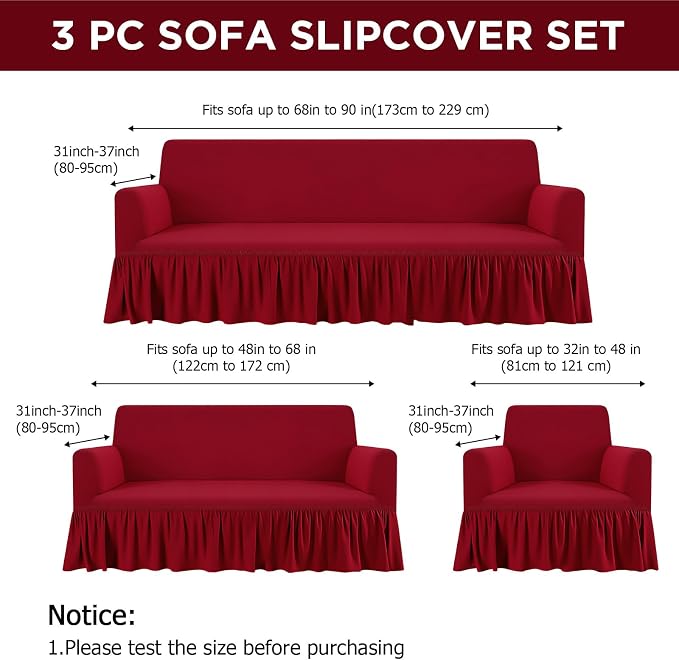 Fanfanwin 3 Pcs Sofa Slipcover Set for Couch Cushion Durable Washable High Elastic Stretchable Furniture Couch Covers with Skirt for Sofa Loveseat Arm Chair (Burgundy,Milk Silk)