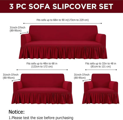Fanfanwin 3 Pcs Sofa Slipcover Set for Couch Cushion Durable Washable High Elastic Stretchable Furniture Couch Covers with Skirt for Sofa Loveseat Arm Chair (Burgundy,Milk Silk)