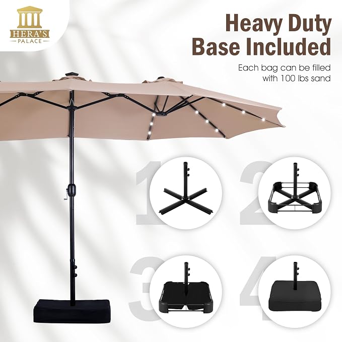 15ft Patio Umbrella with Solar lights & Base, Large Umbrellas, Beige | HERA'S PALACE Rectangle Double Market Umbrella with 36 LED Lights, Big Outdoor Umbrellas for Pool Picnic Inground Yard Deck